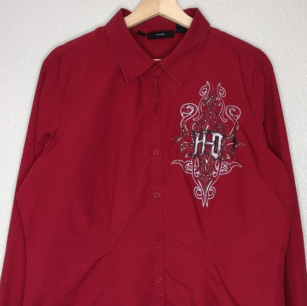 Harley-Davidson Red Embroidery Long Sleeve Button Down Shirt Sz XL